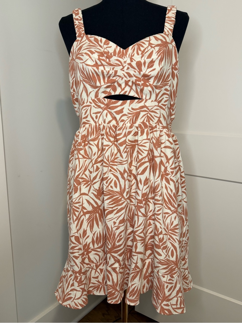 Eclair Cream and Terracotta Palm Leaf-Print Cutout Sundress